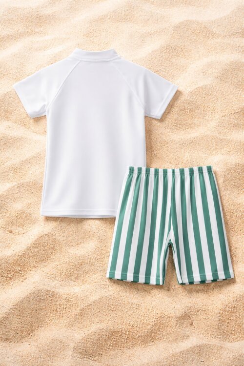 Beyaz Palmiye Baskılı Çizgili Şortlu Erkek Çocuk Şortlu Mayo Takımı 21152