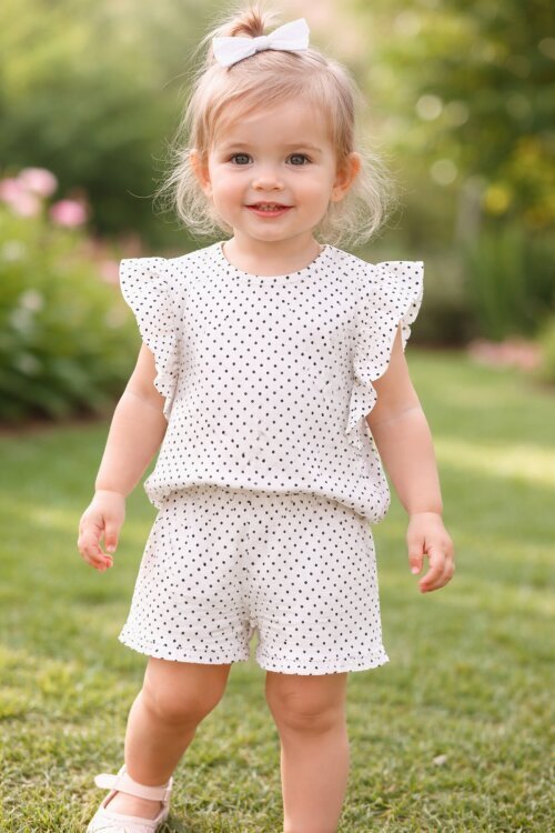 Beyaz Puantiyeli Kız Bebek Şortlu Bluzlu Takım 18556