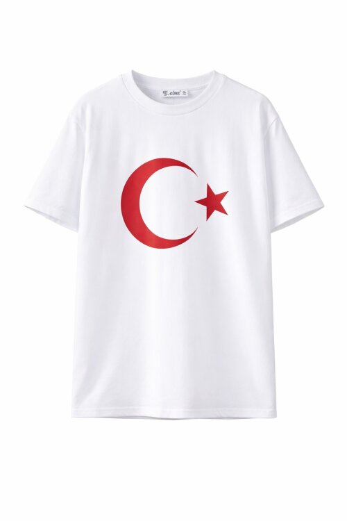 Beyaz Türk Bayrağı Baskılı Bisiklet Yaka Çocuk T-shirt 20551