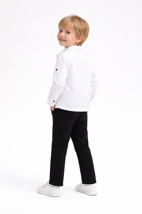 Beyaz Uzun Kol Düğmeli Gömlekli Tişörtlü Erkek Çocuk 3lü Pantolonlu Takım  23756