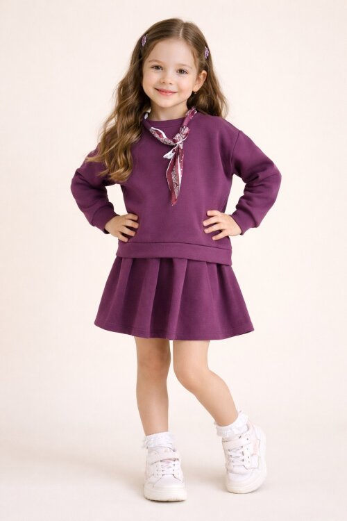 Bordo Fular Detaylı Badili Etekli Kız Çocuk 2li Takım  23533