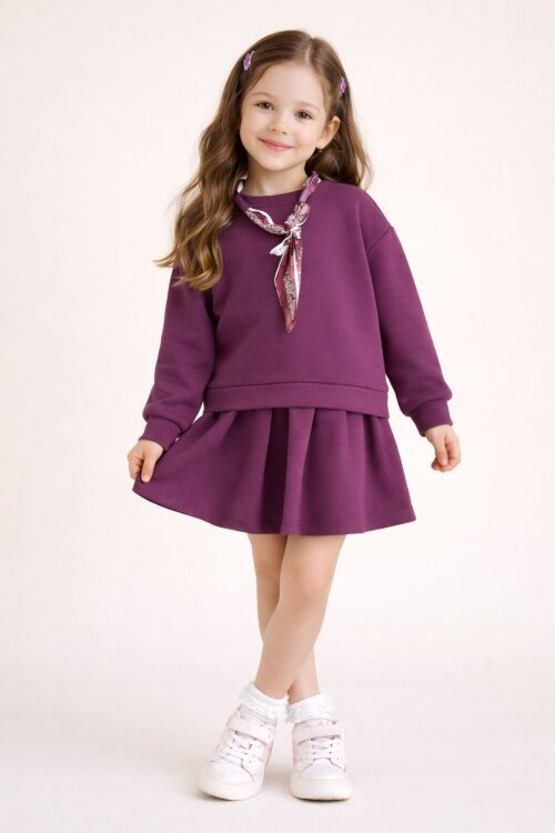 Bordo Fular Detaylı Badili Etekli Kız Çocuk 2li Takım  23533