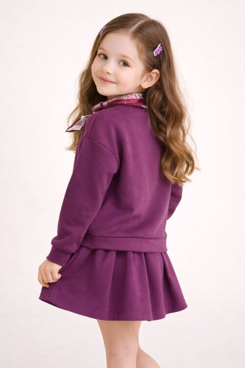 Bordo Fular Detaylı Badili Etekli Kız Çocuk 2li Takım  23533