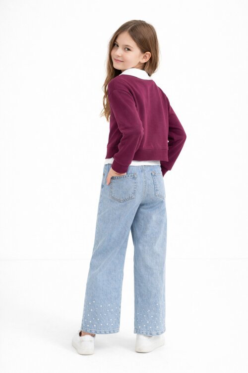 Bordo İnci İşlemeli Badili ve Jean Pantolonlu Kız Çocuk Gömlekli Takım 23601