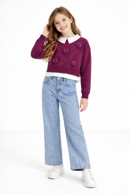 Bordo İnci İşlemeli Badili ve Jean Pantolonlu Kız Çocuk Gömlekli Takım 23601