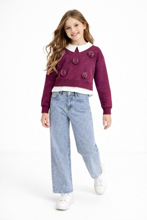 Bordo İnci İşlemeli Badili ve Jean Pantolonlu Kız Çocuk Gömlekli Takım 23601