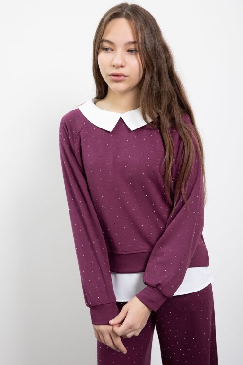 Bordo Taş Detaylı  Pantolonlu Kız Çocuk 3lü Gömlekli Takım  23479