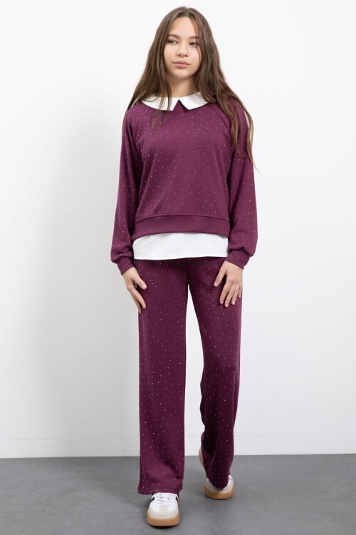 Bordo Taş Detaylı  Pantolonlu Kız Çocuk 3lü Gömlekli Takım  23479