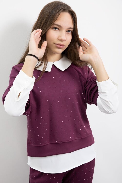 Bordo Taş Detaylı  Pantolonlu Kız Çocuk 3lü Gömlekli Takım  23479