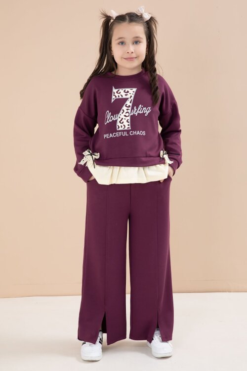 Bordo Yırtmaçlı Pantolonlu Fiyonklu Yazılı Badili Kız Çocuk 2li Takım 23597