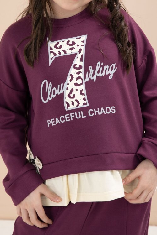 Bordo Yırtmaçlı Pantolonlu Fiyonklu Yazılı Badili Kız Çocuk 2li Takım 23597