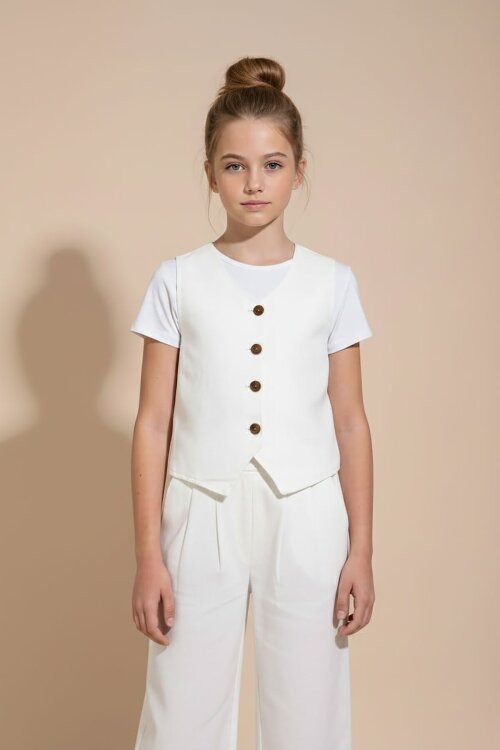 Ekru Düğmeli Keten Yelekli Geniş Paça Pantolonlu Kız Çocuk Takım 23490