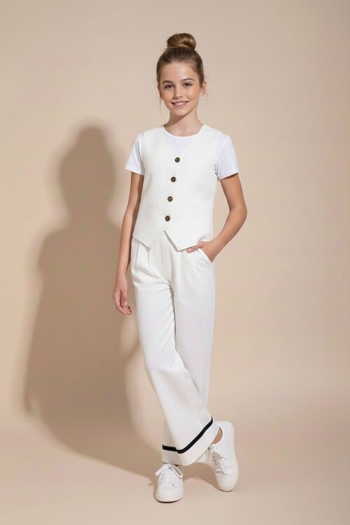 Ekru Düğmeli Keten Yelekli Geniş Paça Pantolonlu Kız Çocuk Takım 23490