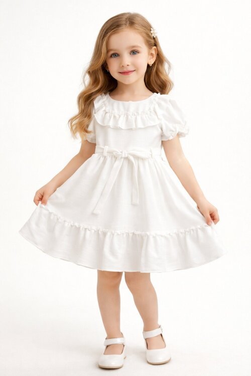 Ekru Fırfır Detaylı Kuşaklı Kız Çocuk Kısa Kol Elbise 22664