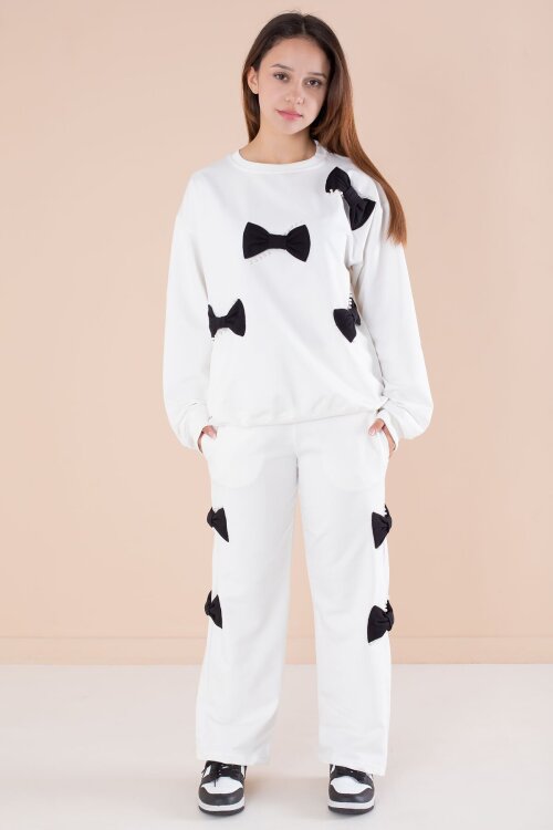 Ekru Fiyonklu İnci Detaylı Kız Çocuk Bisiklet Yaka 2li Eşofman Takımı 21203