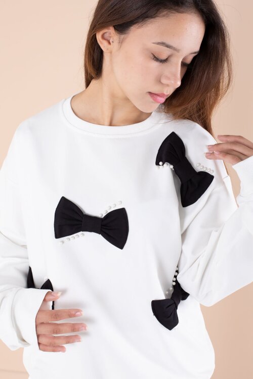 Ekru Fiyonklu İnci Detaylı Kız Çocuk Bisiklet Yaka 2li Eşofman Takımı 21203