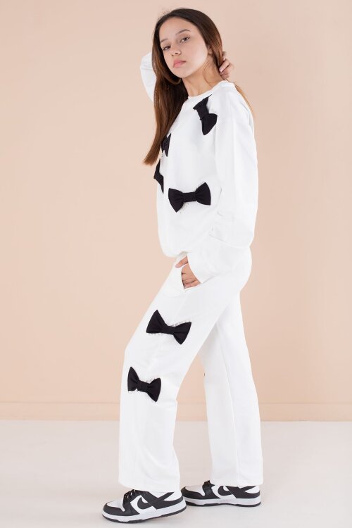 Ekru Fiyonklu İnci Detaylı Kız Çocuk Bisiklet Yaka 2li Eşofman Takımı 21203