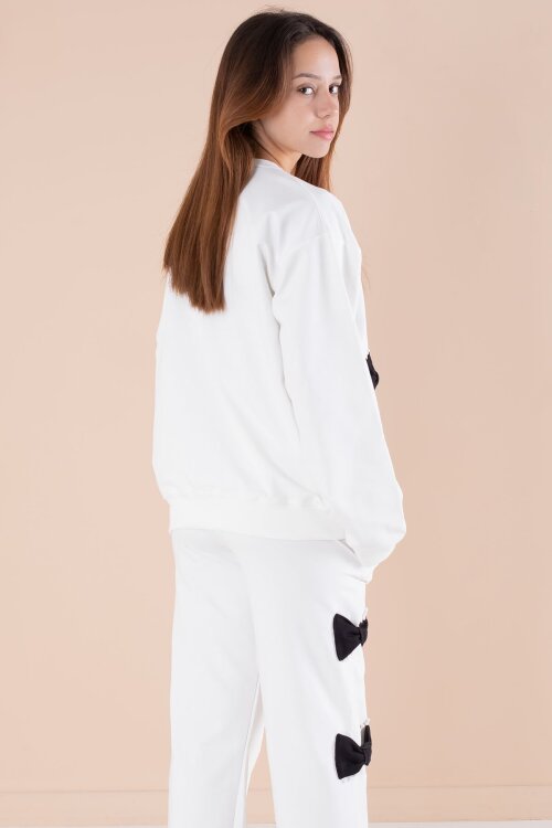 Ekru Fiyonklu İnci Detaylı Kız Çocuk Bisiklet Yaka 2li Eşofman Takımı 21203