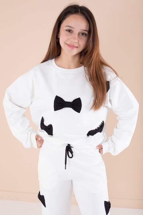 Ekru Fiyonklu İnci Detaylı Kız Çocuk Bisiklet Yaka 2li Eşofman Takımı 21203