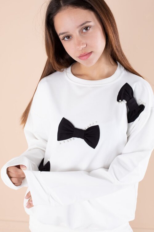 Ekru Fiyonklu İnci Detaylı Kız Çocuk Bisiklet Yaka 2li Eşofman Takımı 21203