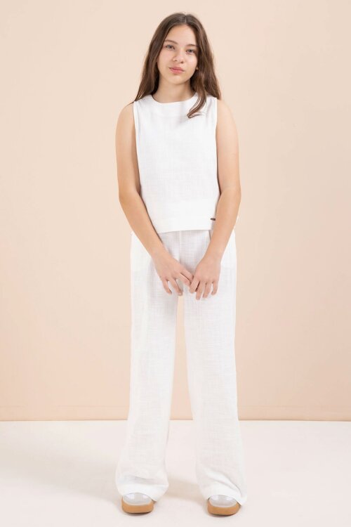 Ekru Geniş Paça Pantolonlu Kız Çocuk Keten Croplu Takım 23450