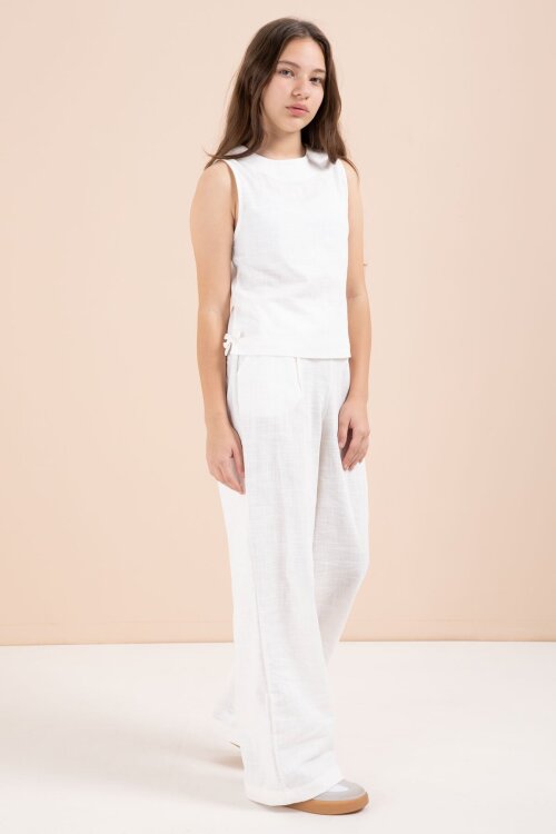 Ekru Geniş Paça Pantolonlu Kız Çocuk Keten Croplu Takım 23450