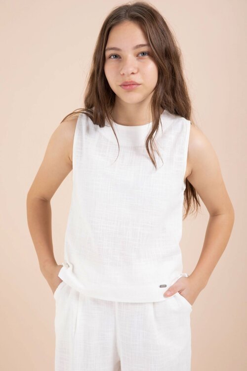 Ekru Geniş Paça Pantolonlu Kız Çocuk Keten Croplu Takım 23450