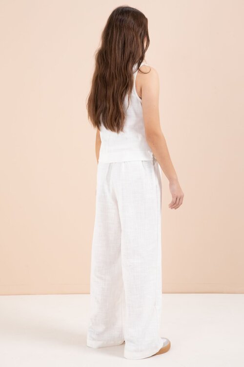 Ekru Geniş Paça Pantolonlu Kız Çocuk Keten Croplu Takım 23450