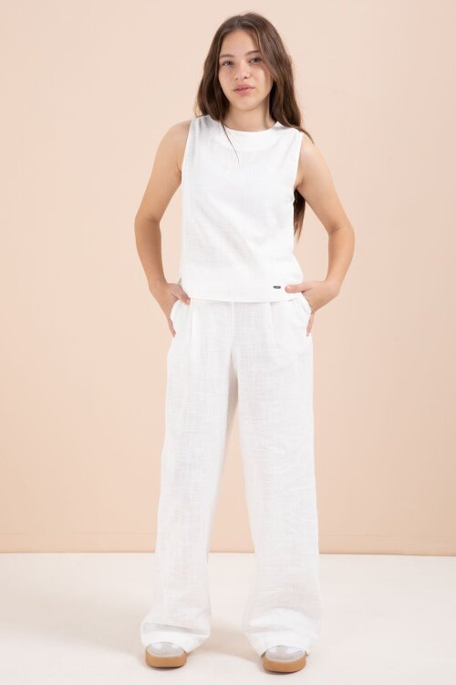 Ekru Geniş Paça Pantolonlu Kız Çocuk Keten Croplu Takım 23450