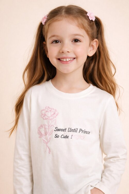 Ekru Gül Nakışlı Badili Jean Pantolonlu Kız Çocuk 2li Takım 23749