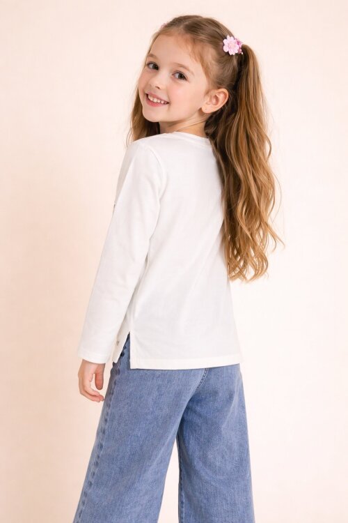 Ekru Gül Nakışlı Badili Jean Pantolonlu Kız Çocuk 2li Takım 23749