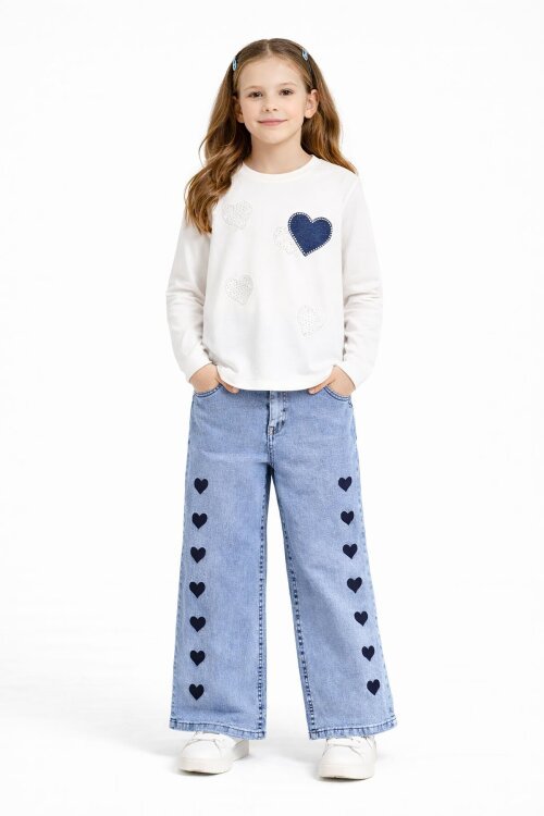 Ekru Kalp Desenli Badili Jean Pantolonlu Kız Çocuk 2li Takım  23745