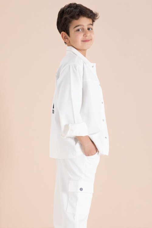 Ekru Kargo Cepli Jean Ceketli ve Pantolonlu Erkek Çocuk Tişörtlü 3lü Takım  23538