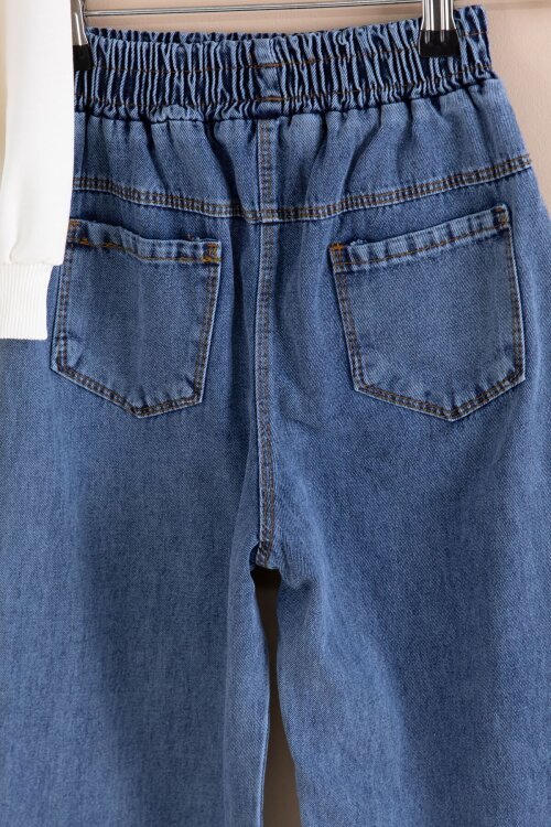 Ekru Kelebek Nakışlı Badili Jean Pantolonlu Kız Çocuk 2li Takım 23413