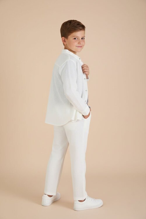 Ekru Keten Gömlekli Pantolonlu Erkek Çocuk 3lü Alt Üst Takım  23575