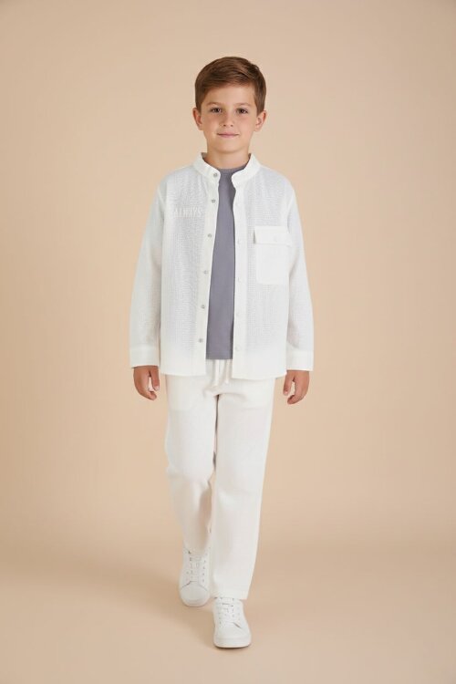 Ekru Keten Gömlekli Pantolonlu Erkek Çocuk 3lü Alt Üst Takım  23575