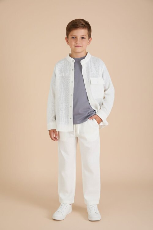 Ekru Keten Gömlekli Pantolonlu Erkek Çocuk 3lü Alt Üst Takım  23575
