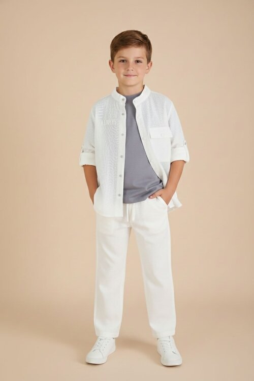 Ekru Keten Gömlekli Pantolonlu Erkek Çocuk 3lü Alt Üst Takım  23575