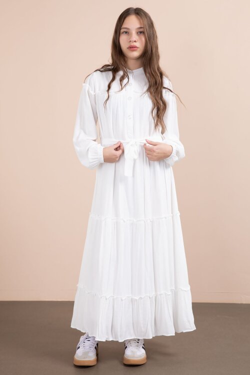 Ekru Kolları Büzgülü Kuşaklı Kız Çocuk Uzun Elbise  23401