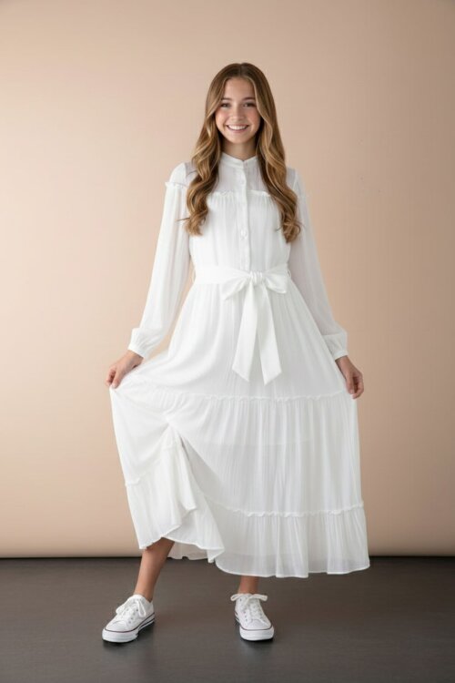 Ekru Kolları Büzgülü Kuşaklı Kız Çocuk Uzun Elbise  23401