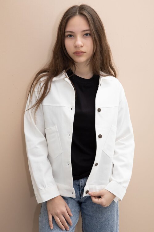 Ekru Sırtı Düğme Detaylı Kız Çocuk Gabardin Kumaş Ceket 23570