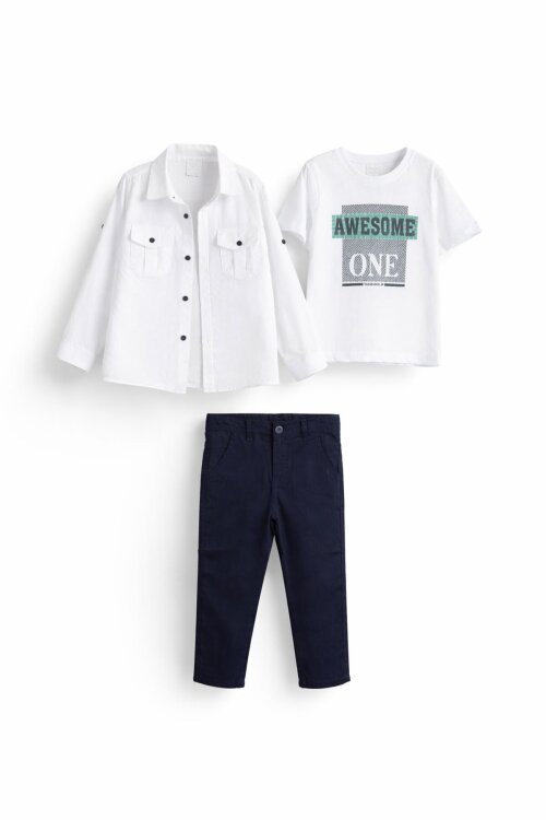 Ekru Uzun Kol Düğmeli Gömlekli Tişörtlü Erkek Çocuk 3lü Pantolonlu Takım  23758