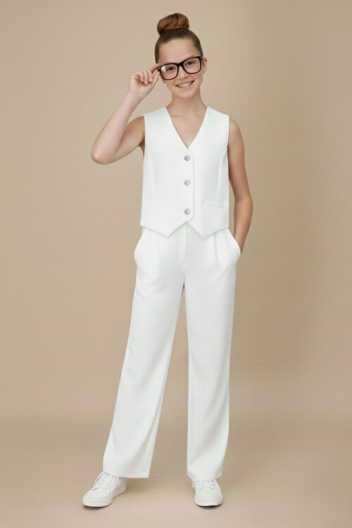 Ekru V Yaka Düğmeli Yelekli Geniş Paça Pantolonlu Kız Çocuk 2li Takım 20725