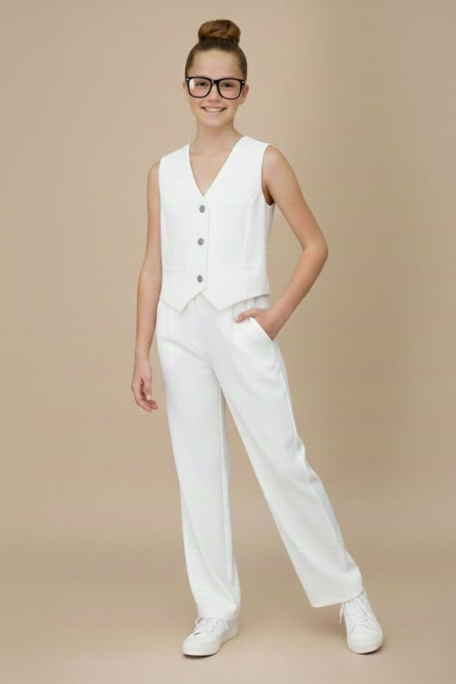 Ekru V Yaka Düğmeli Yelekli Geniş Paça Pantolonlu Kız Çocuk 2li Takım 20725