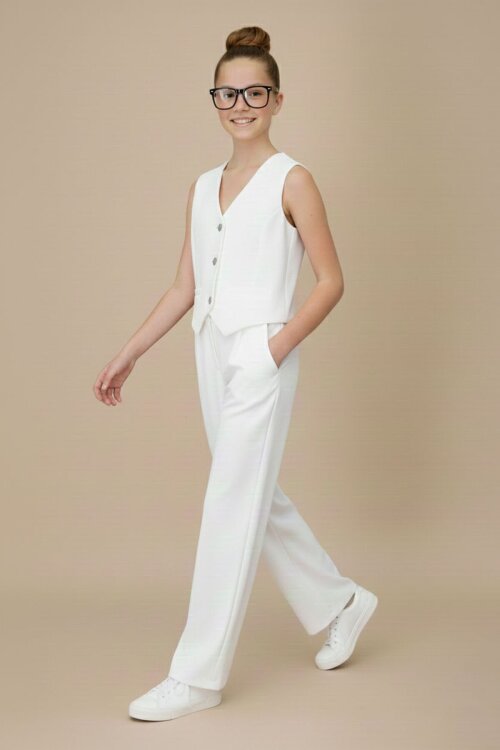 Ekru V Yaka Düğmeli Yelekli Geniş Paça Pantolonlu Kız Çocuk 2li Takım 20725