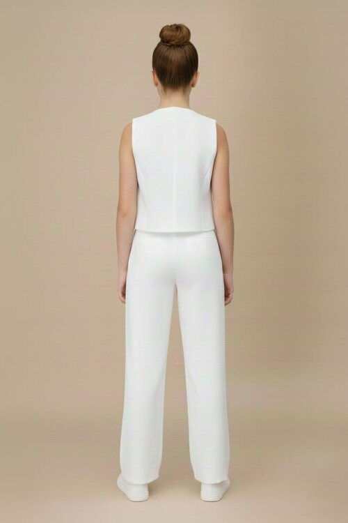 Ekru V Yaka Düğmeli Yelekli Geniş Paça Pantolonlu Kız Çocuk 2li Takım 20725