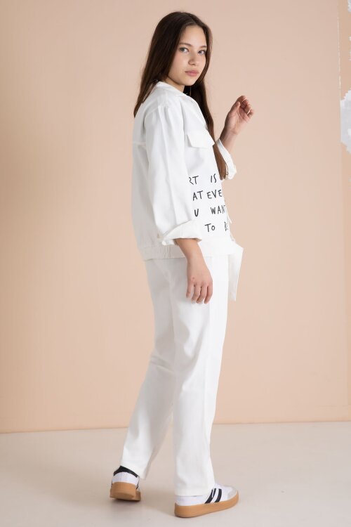 Ekru Yazı Detaylı Gömlekli Kız Çocuk Pantolonlu Gabardin Takım 23566