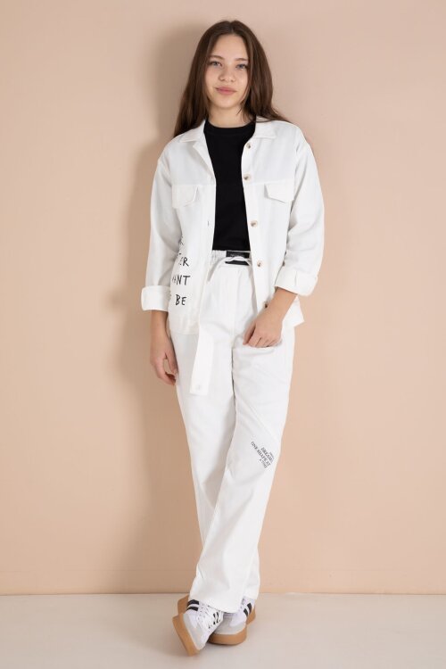 Ekru Yazı Detaylı Gömlekli Kız Çocuk Pantolonlu Gabardin Takım 23566