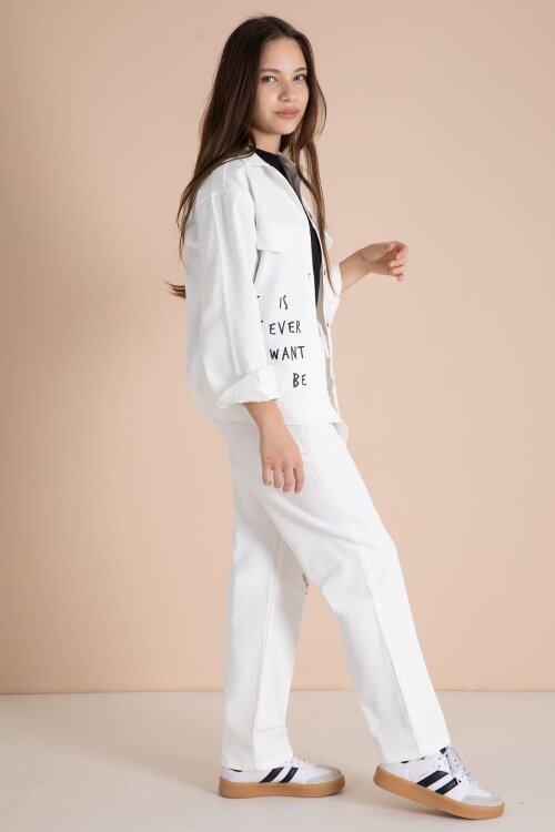 Ekru Yazı Detaylı Gömlekli Kız Çocuk Pantolonlu Gabardin Takım 23566