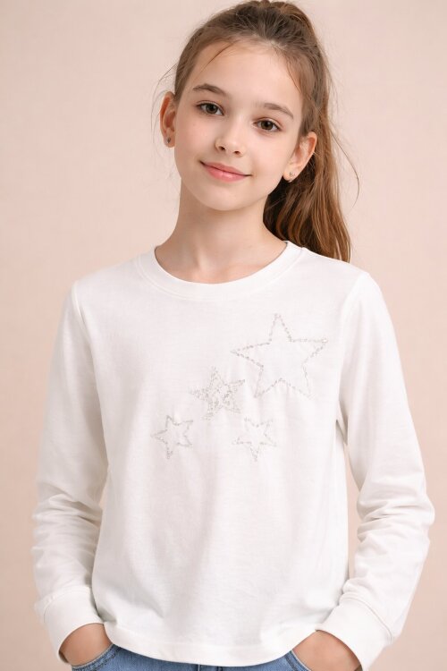 Ekru Yıldız İşlemeli Badili Jean Pantolonlu Kız Çocuk 2li Takım 23742